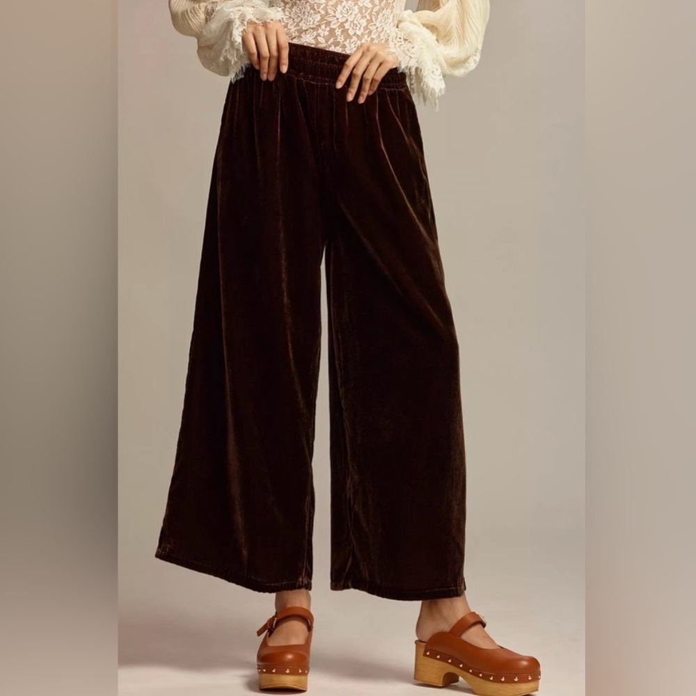 Anthropologie The Somerset Velvet Wide Leg Pull On Pants in Brown Size L NWT